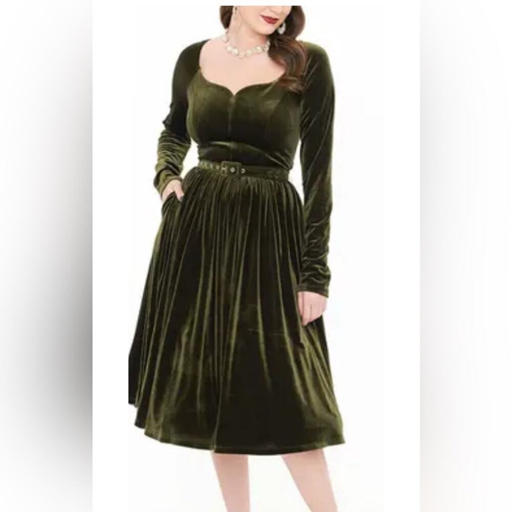 New! Unique Vintage Olive Velvet Long Sleeve  Olive Green Swing 1950s Dress Sz S
